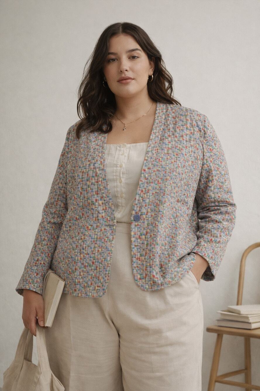 Kate Hill Womens 100% silk Blazer Size 2X Quilted Pastel Purple Confetti Artsy